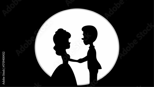 Silhouette of a couple in front of a white circle on a black background showing affection and romance