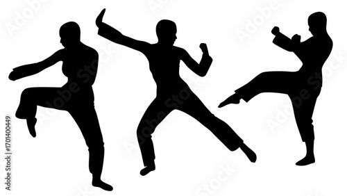 Three silhouettes of people performing martial arts stances and kicks in black and white illustration art