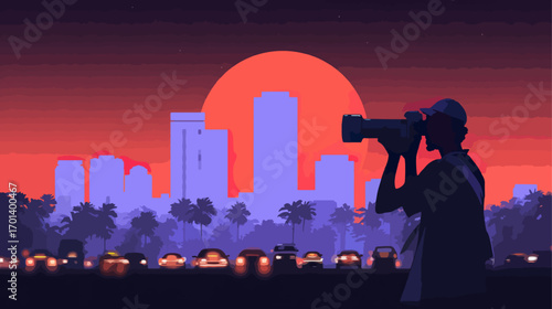 Photographer taking photo of cityscape at sunset