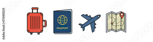 Travel essentials luggage passport airplane and map vector icons on black background