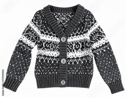 Knitted Buttoned Cardigan with Intricate Patterns in Black White and Gray on White Background