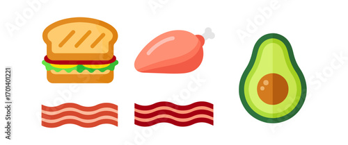 Assorted food items icon set illustration on black background