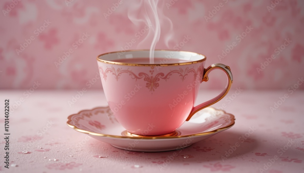 Fototapeta premium Steaming pink tea cup cozy setting beverage photography elegant atmosphere warm perspective comfort concept