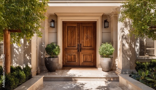 Elegant front door of a home with landscaping