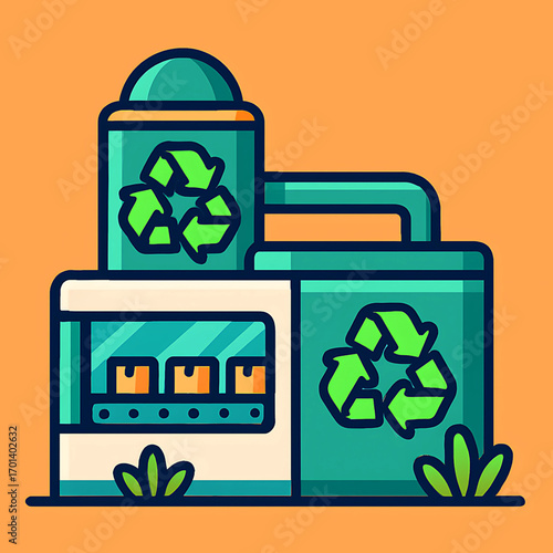 Eco-friendly recycling plant with conveyor belt, symbolizing green energy, waste management, and sustainable production
