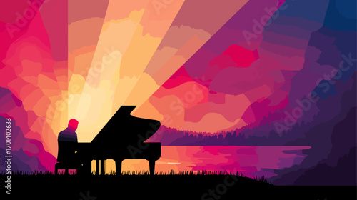 Silhouette of pianist at sunset