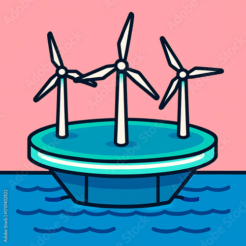 A modern graphic illustration depicting a floating wind turbine platform for sustainable and green energy production at sea
