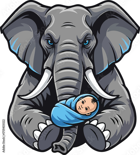 A powerful mascot elephant with piercing blue eyes tenderly cradles a baby in a blue blanket, symbolizing strength, protection, and new life.