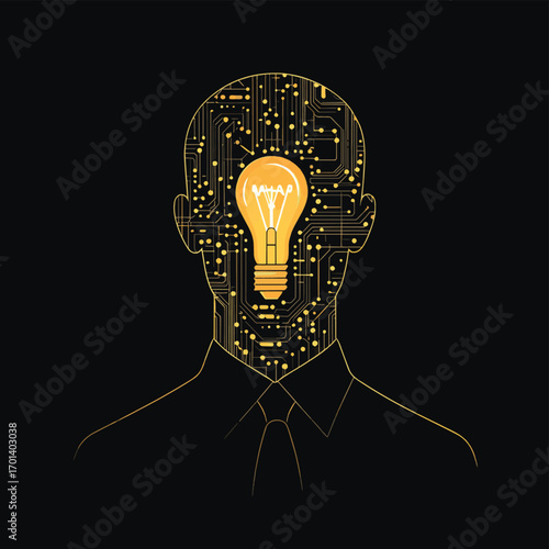 Vector businessman icon. Man with the head made of circuit board in the shape of bulb. Technology idea concept illustration. , vector style simple color