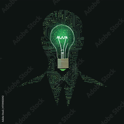 Vector businessman icon. Man with the head made of circuit board in the shape of bulb. Technology idea concept illustration. , vector style simple color