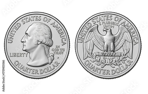 U.S. quarter dollar coin, front and back view.