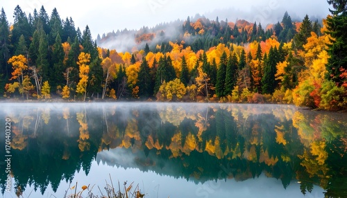 Autumnal vista of a lake reflecting vibrant fall foliage and a misty forest in the background. Soft, atmospheric lighting