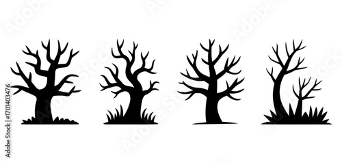 tree silhouette vector. Silhouette of bare trees with grass in a row