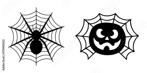 Spooky halloween spiderweb and jack o lantern icons. black and white spider web icons