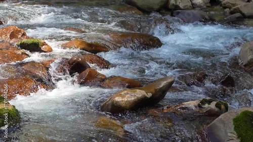 A small mountain river with rapids in the Samegrelo region, Georgia. Slow Motion