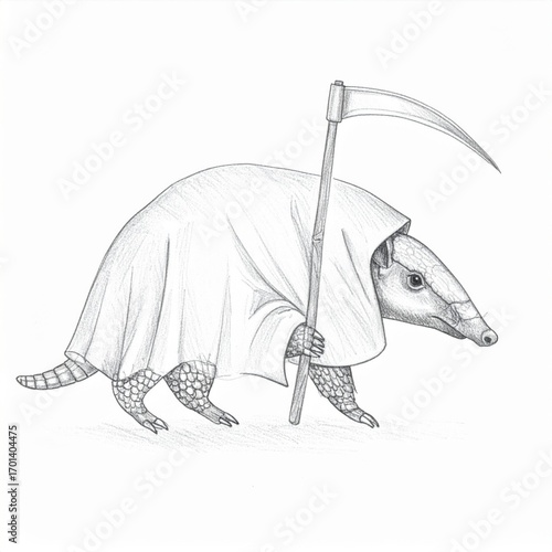 Monochrome Armadillo Walking with Scythe Under Hooded Cape Against White Background Symbolic Death Concept in