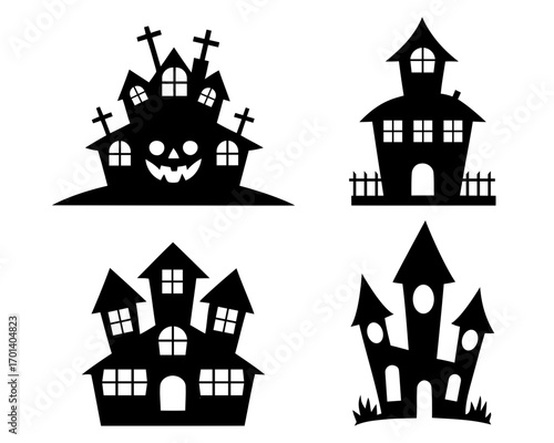 silhouettes of houses icons. Spooky halloween haunted house silhouettes collection