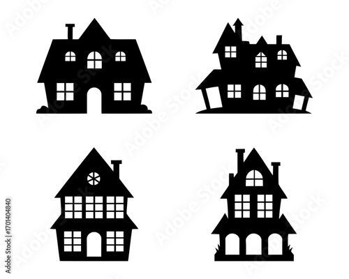 spooky silhouetted haunted houses for halloween. house icons set