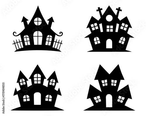 set of houses icons. Spooky haunted house silhouettes for halloween decorations