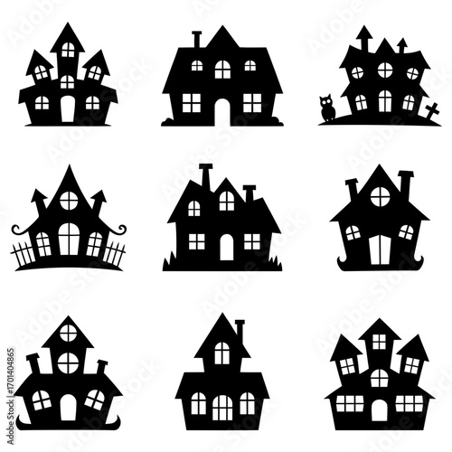 Collection of spooky haunted house silhouettes for halloween. house icons set