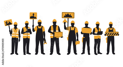 construction workers holding signs in uniform safety gear