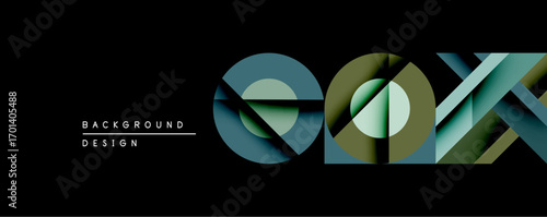 Abstract geometric design features overlapping circles, squares, lines. Gradient shades of teal, olive, gray create depth against black backdrop. Modern, minimalist aesthetic.