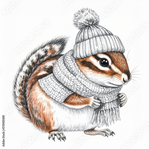 Cute Chipmunk Illustration Wearing Winter Hat and Scarf in Dotwork Style on White Background