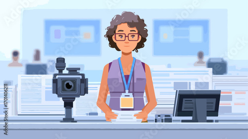 Woman presenter at conference with camera