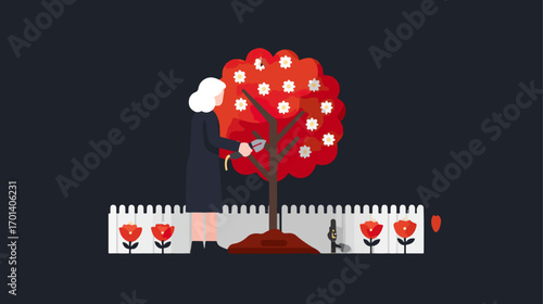 Woman pruning red tree in garden