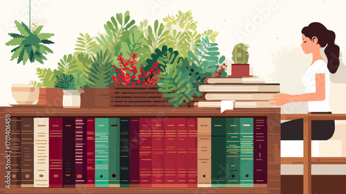 Woman reading books in a room with plants