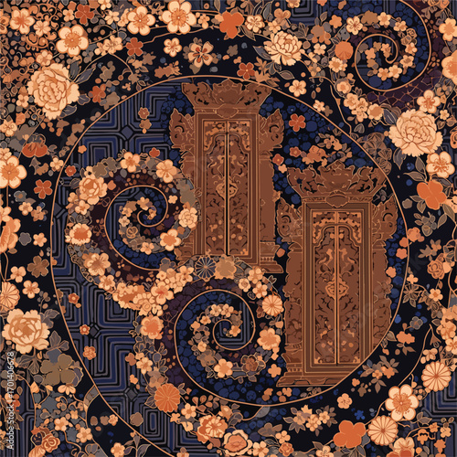 Ornate floral pattern featuring traditional Balinese doors and swirling floral motifs, patern seamless, Stock royalty.