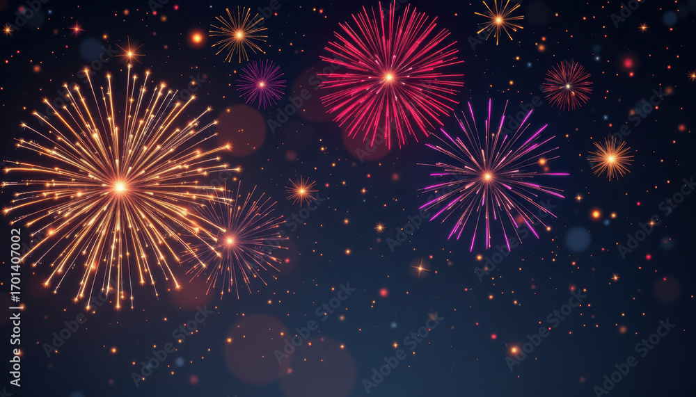 Fototapeta premium Bright and colorful fireworks illuminate night sky, creating festive atmosphere filled with vibrant bursts of light. display features various shapes and colors, enhancing celebratory mood