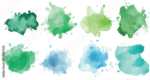 Set of Colorful Watercolor blue green Hand Painted Round Shapes Stains Circles Blobs Isolated Abstract Clouds Pattern Splash Texture Pastel Paint Stain vector design on transparent background