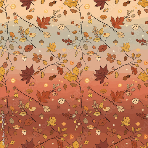 Delightful autumn leaves and branches pattern illustration with gradient background for design, patern seamless, Stock royalty free.