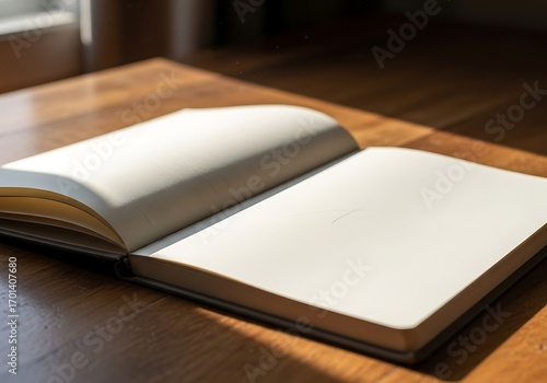 Blank open journal notebook on wooden surface bathed in sunlight