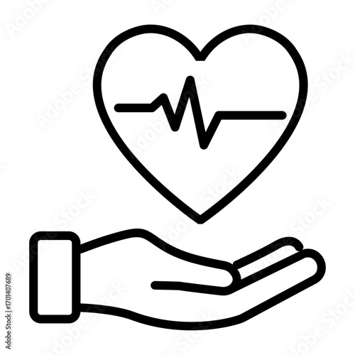 Health and care symbol line icon for world heart day, representing cardiology, life insurance, and medical support on a white background