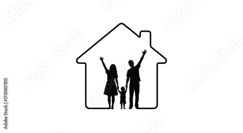 Happy family silhouette inside a cozy house outline celebrating a bright future together and embracing home ownership dreams with joy and optimism for a fulfilling life