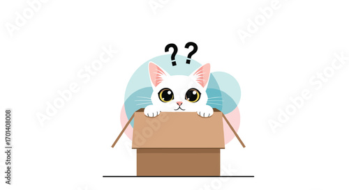 Adorable white kitten peeking out from cardboard box with question marks above its head representing confusion or curiosity