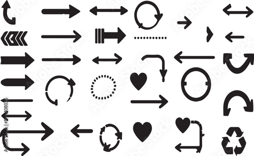 arrow icons, black arrows, vector symbols, directional arrows, curved arrows, circular arrows, double-headed arrows, dashed arrows, U-turn arrows, heart icons, motion symbols, rotation icons, stylized