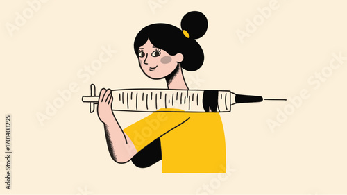 Playful vector illustration of woman with oversized syringe symbolizing weight loss treatment concept