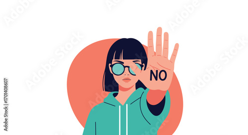 A young woman holds up her hand with no written on it symbolizing refusal and disagreement