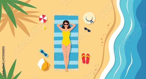 Woman relaxing on a tropical beach under the warm sun enjoying a perfect summer day vacation