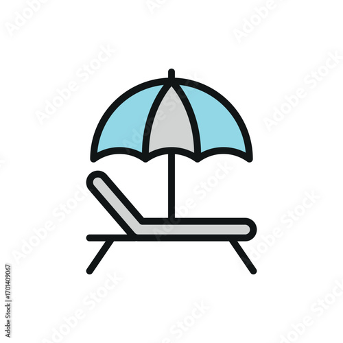 Beach umbrella with chair icon in color with line for summer and outdoor design.