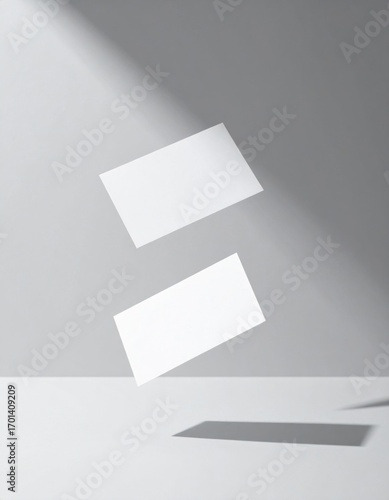 Minimalist White Business Cards Floating on Gray Surface with Shadow