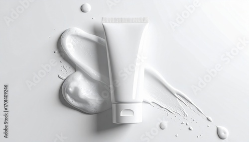 White Tube Mockup with Cream Swirl on White Background Top View Copy Space Minimalist Product