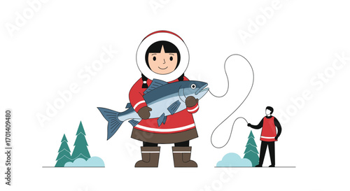 Indigenous fisherman triumphantly displays large catch amidst snowy arctic landscape