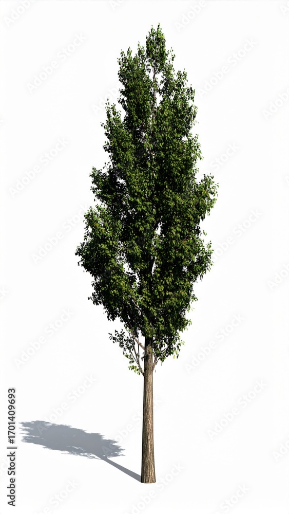 Fototapeta premium Tall Green Tree with Dense Foliage on Isolated White Background Natural Sunlight