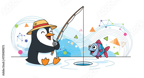 Cute cartoon penguin wearing a hat joyfully fishing for a cheerful fish in an icy winter scene with colorful abstract shapes