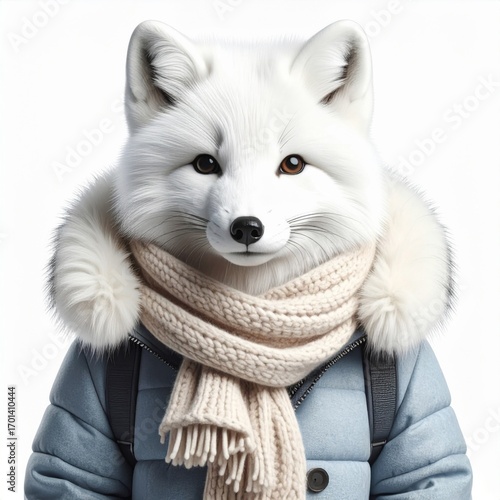 Arctic Fox Anthropomorphic Portrait in Blue Jacket and Scarf on White Background
