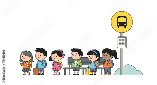 Children patiently waiting for the school bus to arrive on a bright sunny day
